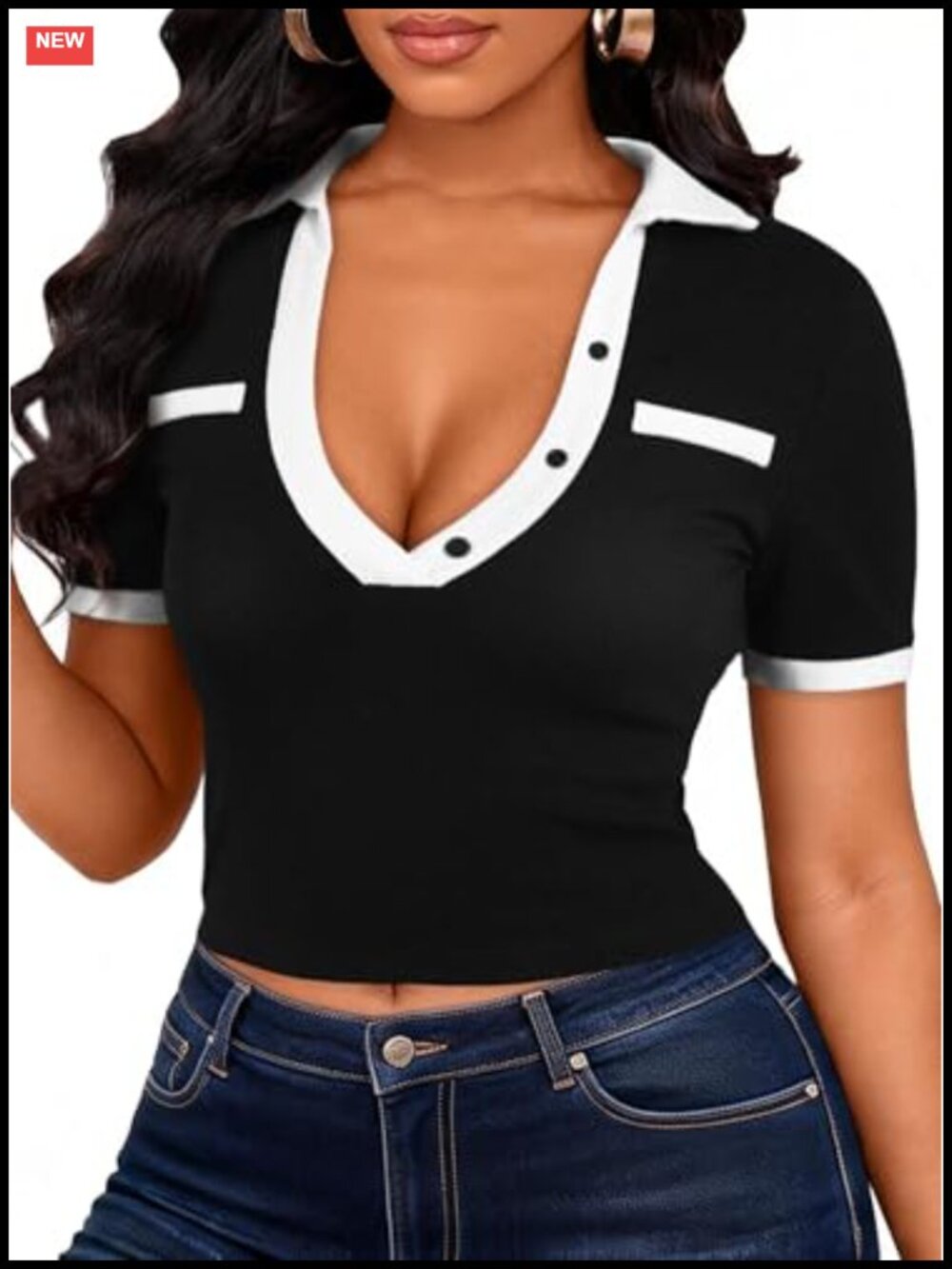 Women's Collared V Neck Crop Top Color Block Short Sleeve Fitted Shirt